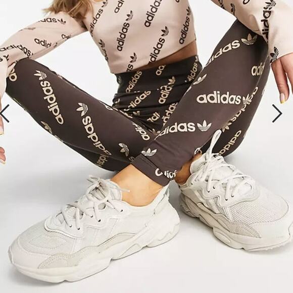 Adidas Originals Logomania Repeat Logo Monogram Leggings Tights in Brown Pants - Picture 5 of 11